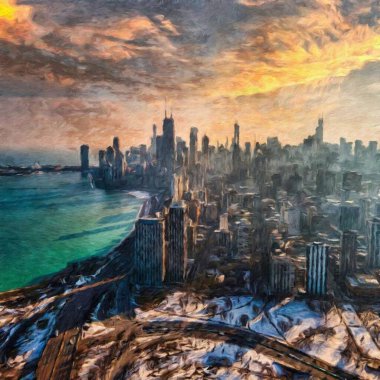 Chicago ABD şehir merkezi gökdelenleri ve mimarisi, Amerika şehir merkezine gidiyor, tuval veya kağıt poster için yağlı duvar resimleri çiziyor, turizm üretim tasarımı gerçek modern sanat eserleri