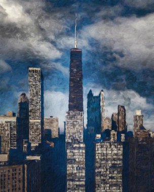 Chicago ABD şehir merkezi gökdelenleri ve mimarisi, Amerika şehir merkezine gidiyor, tuval veya kağıt poster için yağlı duvar resimleri çiziyor, turizm üretim tasarımı gerçek modern sanat eserleri