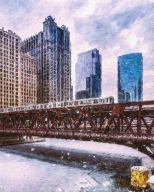 Chicago ABD şehir merkezi gökdelenleri ve mimarisi, Amerika şehir merkezine gidiyor, tuval veya kağıt poster için yağlı duvar resimleri çiziyor, turizm üretim tasarımı gerçek modern sanat eserleri