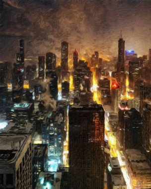 Chicago ABD şehir merkezi gökdelenleri ve mimarisi, Amerika şehir merkezine gidiyor, tuval veya kağıt poster için yağlı duvar resimleri çiziyor, turizm üretim tasarımı gerçek modern sanat eserleri