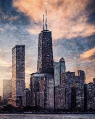 Chicago ABD şehir merkezi gökdelenleri ve mimarisi, Amerika şehir merkezine gidiyor, tuval veya kağıt poster için yağlı duvar resimleri çiziyor, turizm üretim tasarımı gerçek modern sanat eserleri