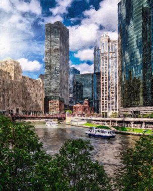 Chicago ABD şehir merkezi gökdelenleri ve mimarisi, Amerika şehir merkezine gidiyor, tuval veya kağıt poster için yağlı duvar resimleri çiziyor, turizm üretim tasarımı gerçek modern sanat eserleri