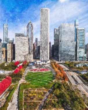 Chicago ABD şehir merkezi gökdelenleri ve mimarisi, Amerika şehir merkezine gidiyor, tuval veya kağıt poster için yağlı duvar resimleri çiziyor, turizm üretim tasarımı gerçek modern sanat eserleri