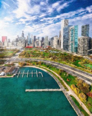 Chicago ABD şehir merkezi gökdelenleri ve mimarisi, Amerika şehir merkezine gidiyor, tuval veya kağıt poster için yağlı duvar resimleri çiziyor, turizm üretim tasarımı gerçek modern sanat eserleri