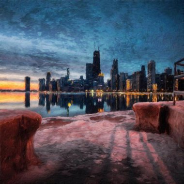 Chicago ABD şehir merkezi gökdelenleri ve mimarisi, Amerika şehir merkezine gidiyor, tuval veya kağıt poster için yağlı duvar resimleri çiziyor, turizm üretim tasarımı gerçek modern sanat eserleri