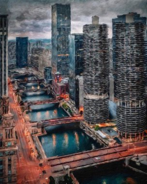 Chicago ABD şehir merkezi gökdelenleri ve mimarisi, Amerika şehir merkezine gidiyor, tuval veya kağıt poster için yağlı duvar resimleri çiziyor, turizm üretim tasarımı gerçek modern sanat eserleri