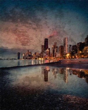 Chicago ABD şehir merkezi gökdelenleri ve mimarisi, Amerika şehir merkezine gidiyor, tuval veya kağıt poster için yağlı duvar resimleri çiziyor, turizm üretim tasarımı gerçek modern sanat eserleri