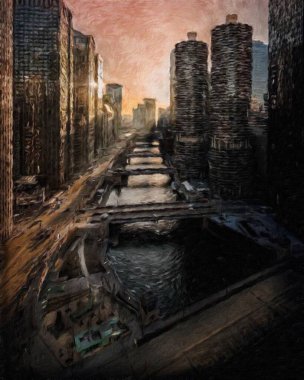 Chicago ABD şehir merkezi gökdelenleri ve mimarisi, Amerika şehir merkezine gidiyor, tuval veya kağıt poster için yağlı duvar resimleri çiziyor, turizm üretim tasarımı gerçek modern sanat eserleri