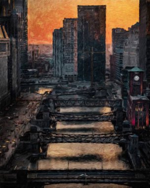 Chicago ABD şehir merkezi gökdelenleri ve mimarisi, Amerika şehir merkezine gidiyor, tuval veya kağıt poster için yağlı duvar resimleri çiziyor, turizm üretim tasarımı gerçek modern sanat eserleri