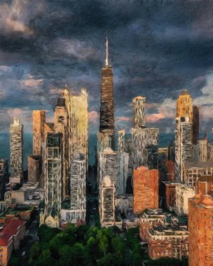 Chicago ABD şehir merkezi gökdelenleri ve mimarisi, Amerika şehir merkezine gidiyor, tuval veya kağıt poster için yağlı duvar resimleri çiziyor, turizm üretim tasarımı gerçek modern sanat eserleri