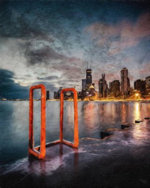 Chicago ABD şehir merkezi gökdelenleri ve mimarisi, Amerika şehir merkezine gidiyor, tuval veya kağıt poster için yağlı duvar resimleri çiziyor, turizm üretim tasarımı gerçek modern sanat eserleri