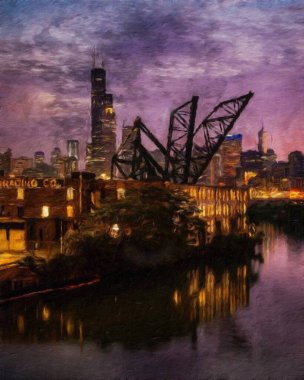 Chicago ABD şehir merkezi gökdelenleri ve mimarisi, Amerika şehir merkezine gidiyor, tuval veya kağıt poster için yağlı duvar resimleri çiziyor, turizm üretim tasarımı gerçek modern sanat eserleri