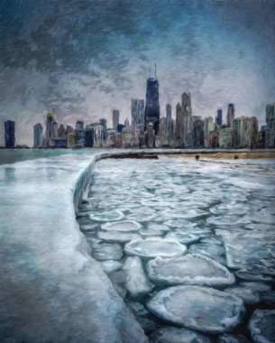 Chicago ABD şehir merkezi gökdelenleri ve mimarisi, Amerika şehir merkezine gidiyor, tuval veya kağıt poster için yağlı duvar resimleri çiziyor, turizm üretim tasarımı gerçek modern sanat eserleri