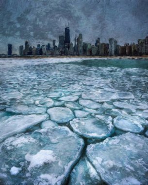 Chicago ABD şehir merkezi gökdelenleri ve mimarisi, Amerika şehir merkezine gidiyor, tuval veya kağıt poster için yağlı duvar resimleri çiziyor, turizm üretim tasarımı gerçek modern sanat eserleri