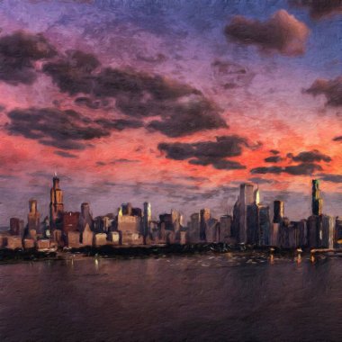 Chicago ABD şehir merkezi gökdelenleri ve mimarisi, Amerika şehir merkezine gidiyor, tuval veya kağıt poster için yağlı duvar resimleri çiziyor, turizm üretim tasarımı gerçek modern sanat eserleri