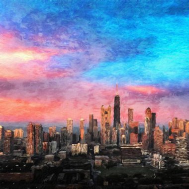 Chicago ABD şehir merkezi gökdelenleri ve mimarisi, Amerika şehir merkezine gidiyor, tuval veya kağıt poster için yağlı duvar resimleri çiziyor, turizm üretim tasarımı gerçek modern sanat eserleri