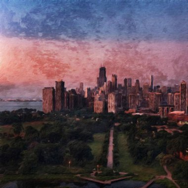 Chicago ABD şehir merkezi gökdelenleri ve mimarisi, Amerika şehir merkezine gidiyor, tuval veya kağıt poster için yağlı duvar resimleri çiziyor, turizm üretim tasarımı gerçek modern sanat eserleri