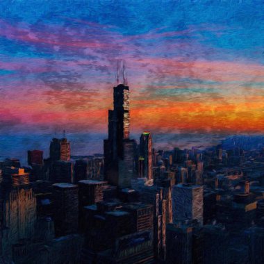 Chicago ABD şehir merkezi gökdelenleri ve mimarisi, Amerika şehir merkezine gidiyor, tuval veya kağıt poster için yağlı duvar resimleri çiziyor, turizm üretim tasarımı gerçek modern sanat eserleri