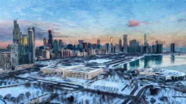 Chicago ABD şehir merkezi gökdelenleri ve mimarisi, Amerika şehir merkezine gidiyor, tuval veya kağıt poster için yağlı duvar resimleri çiziyor, turizm üretim tasarımı gerçek modern sanat eserleri