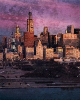 Chicago ABD şehir merkezi gökdelenleri ve mimarisi, Amerika şehir merkezine gidiyor, tuval veya kağıt poster için yağlı duvar resimleri çiziyor, turizm üretim tasarımı gerçek modern sanat eserleri