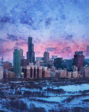 Chicago ABD şehir merkezi gökdelenleri ve mimarisi, Amerika şehir merkezine gidiyor, tuval veya kağıt poster için yağlı duvar resimleri çiziyor, turizm üretim tasarımı gerçek modern sanat eserleri