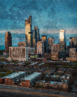 Chicago ABD şehir merkezi gökdelenleri ve mimarisi, Amerika şehir merkezine gidiyor, tuval veya kağıt poster için yağlı duvar resimleri çiziyor, turizm üretim tasarımı gerçek modern sanat eserleri