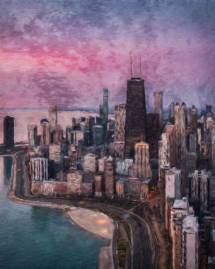 Chicago ABD şehir merkezi gökdelenleri ve mimarisi, Amerika şehir merkezine gidiyor, tuval veya kağıt poster için yağlı duvar resimleri çiziyor, turizm üretim tasarımı gerçek modern sanat eserleri