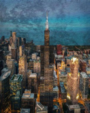 Chicago ABD şehir merkezi gökdelenleri ve mimarisi, Amerika şehir merkezine gidiyor, tuval veya kağıt poster için yağlı duvar resimleri çiziyor, turizm üretim tasarımı gerçek modern sanat eserleri