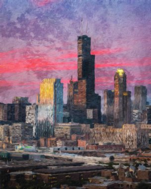 Chicago ABD şehir merkezi gökdelenleri ve mimarisi, Amerika şehir merkezine gidiyor, tuval veya kağıt poster için yağlı duvar resimleri çiziyor, turizm üretim tasarımı gerçek modern sanat eserleri