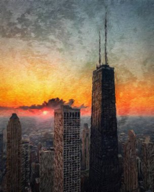 Chicago ABD şehir merkezi gökdelenleri ve mimarisi, Amerika şehir merkezine gidiyor, tuval veya kağıt poster için yağlı duvar resimleri çiziyor, turizm üretim tasarımı gerçek modern sanat eserleri