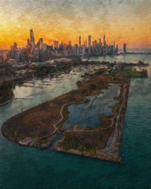 Chicago ABD şehir merkezi gökdelenleri ve mimarisi, Amerika şehir merkezine gidiyor, tuval veya kağıt poster için yağlı duvar resimleri çiziyor, turizm üretim tasarımı gerçek modern sanat eserleri