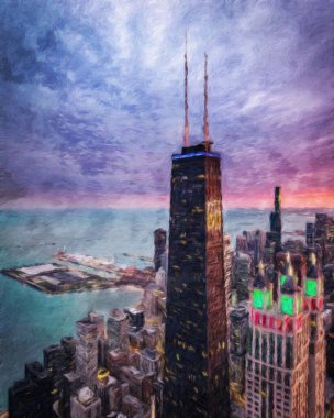 Chicago ABD şehir merkezi gökdelenleri ve mimarisi, Amerika şehir merkezine gidiyor, tuval veya kağıt poster için yağlı duvar resimleri çiziyor, turizm üretim tasarımı gerçek modern sanat eserleri