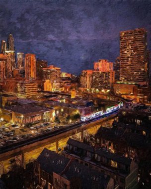 Chicago ABD şehir merkezi gökdelenleri ve mimarisi, Amerika şehir merkezine gidiyor, tuval veya kağıt poster için yağlı duvar resimleri çiziyor, turizm üretim tasarımı gerçek modern sanat eserleri