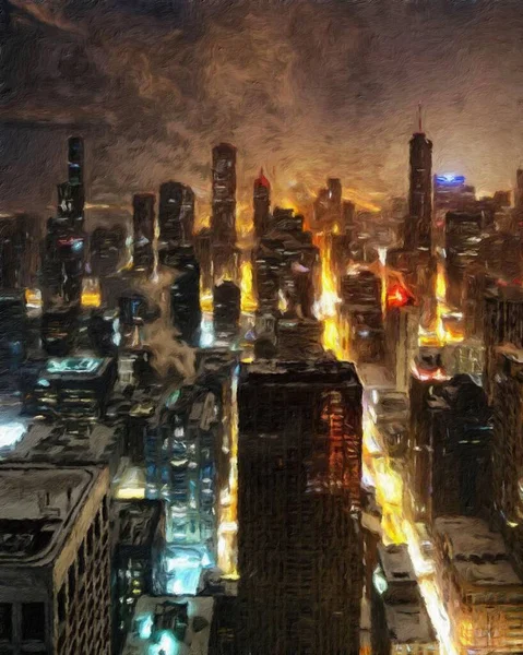 Chicago ABD şehir merkezi gökdelenleri ve mimarisi, Amerika şehir merkezine gidiyor, tuval veya kağıt poster için yağlı duvar resimleri çiziyor, turizm üretim tasarımı gerçek modern sanat eserleri