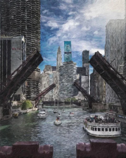 Chicago ABD şehir merkezi gökdelenleri ve mimarisi, Amerika şehir merkezine gidiyor, tuval veya kağıt poster için yağlı duvar resimleri çiziyor, turizm üretim tasarımı gerçek modern sanat eserleri