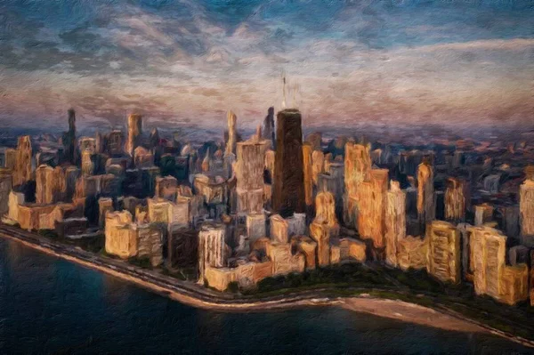 Chicago ABD şehir merkezi gökdelenleri ve mimarisi, Amerika şehir merkezine gidiyor, tuval veya kağıt poster için yağlı duvar resimleri çiziyor, turizm üretim tasarımı gerçek modern sanat eserleri