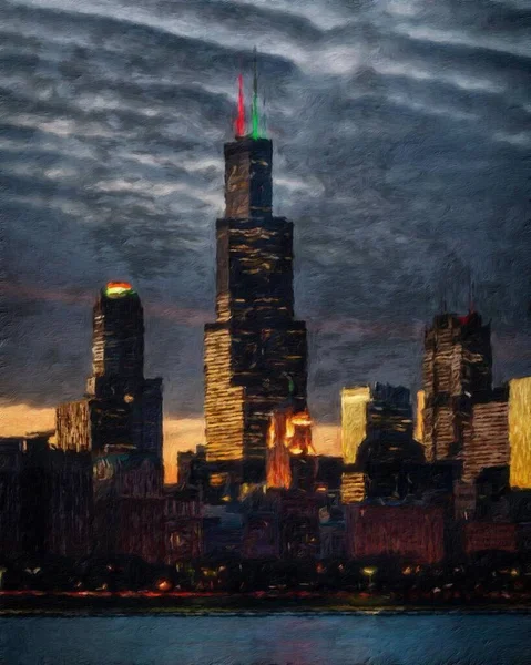 Chicago ABD şehir merkezi gökdelenleri ve mimarisi, Amerika şehir merkezine gidiyor, tuval veya kağıt poster için yağlı duvar resimleri çiziyor, turizm üretim tasarımı gerçek modern sanat eserleri