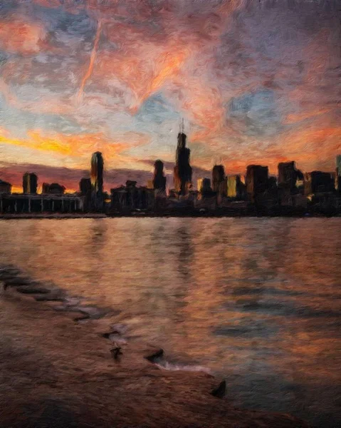 Chicago ABD şehir merkezi gökdelenleri ve mimarisi, Amerika şehir merkezine gidiyor, tuval veya kağıt poster için yağlı duvar resimleri çiziyor, turizm üretim tasarımı gerçek modern sanat eserleri