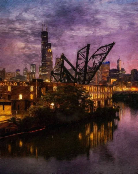 シカゴアメリカ市内中心部の高層ビルや建築物 アメリカ旅行のダウンタウン キャンバスや紙のポスターのためのオイルウォールアートプリントで描画 観光制作デザインリアル絵画現代美術作品 — ストック写真