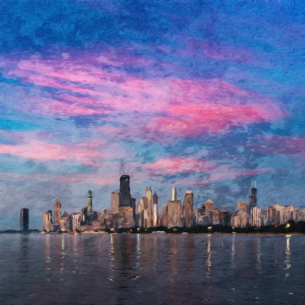 Chicago ABD şehir merkezi gökdelenleri ve mimarisi, Amerika şehir merkezine gidiyor, tuval veya kağıt poster için yağlı duvar resimleri çiziyor, turizm üretim tasarımı gerçek modern sanat eserleri