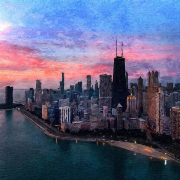 Chicago ABD şehir merkezi gökdelenleri ve mimarisi, Amerika şehir merkezine gidiyor, tuval veya kağıt poster için yağlı duvar resimleri çiziyor, turizm üretim tasarımı gerçek modern sanat eserleri