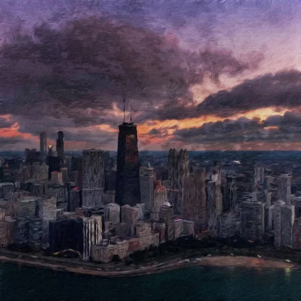 Chicago ABD şehir merkezi gökdelenleri ve mimarisi, Amerika şehir merkezine gidiyor, tuval veya kağıt poster için yağlı duvar resimleri çiziyor, turizm üretim tasarımı gerçek modern sanat eserleri