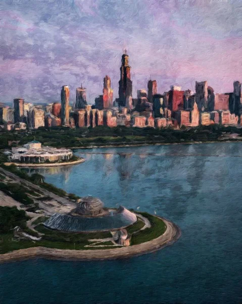 Chicago ABD şehir merkezi gökdelenleri ve mimarisi, Amerika şehir merkezine gidiyor, tuval veya kağıt poster için yağlı duvar resimleri çiziyor, turizm üretim tasarımı gerçek modern sanat eserleri