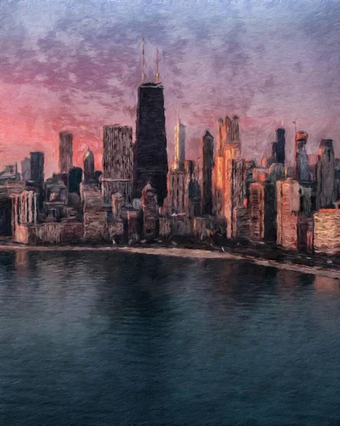 シカゴアメリカ市内中心部の高層ビルや建築物 アメリカ旅行のダウンタウン キャンバスや紙のポスターのためのオイルウォールアートプリントで描画 観光制作デザインリアル絵画現代美術作品 — ストック写真