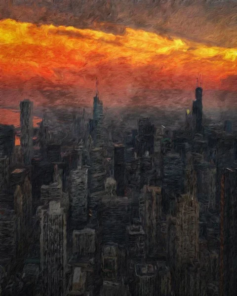 Chicago ABD şehir merkezi gökdelenleri ve mimarisi, Amerika şehir merkezine gidiyor, tuval veya kağıt poster için yağlı duvar resimleri çiziyor, turizm üretim tasarımı gerçek modern sanat eserleri