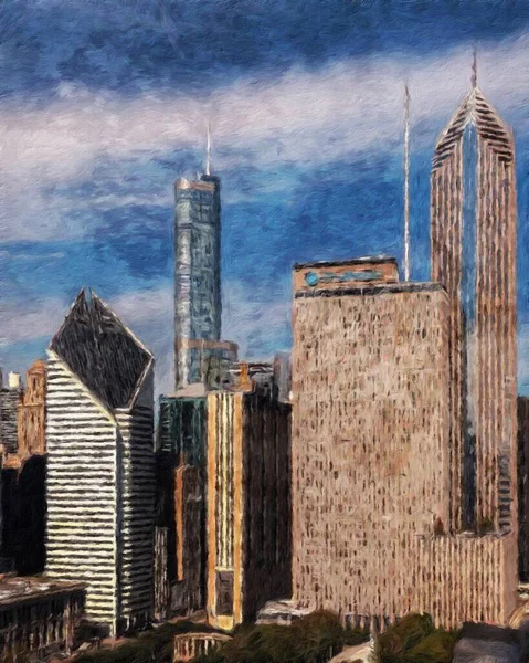 Chicago ABD şehir merkezi gökdelenleri ve mimarisi, Amerika şehir merkezine gidiyor, tuval veya kağıt poster için yağlı duvar resimleri çiziyor, turizm üretim tasarımı gerçek modern sanat eserleri
