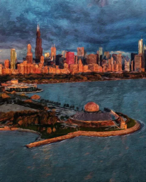 Chicago ABD şehir merkezi gökdelenleri ve mimarisi, Amerika şehir merkezine gidiyor, tuval veya kağıt poster için yağlı duvar resimleri çiziyor, turizm üretim tasarımı gerçek modern sanat eserleri