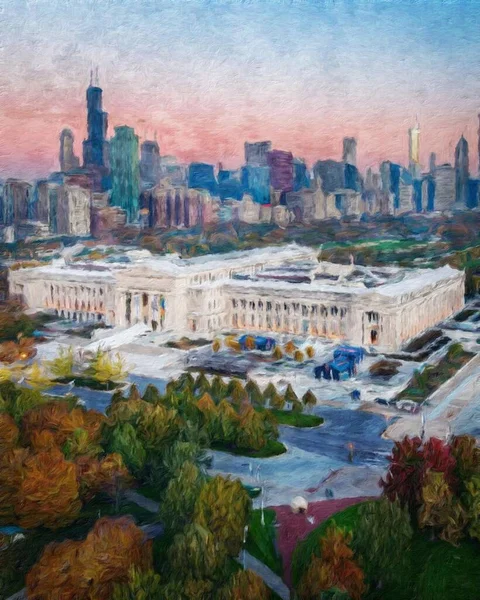 Chicago ABD şehir merkezi gökdelenleri ve mimarisi, Amerika şehir merkezine gidiyor, tuval veya kağıt poster için yağlı duvar resimleri çiziyor, turizm üretim tasarımı gerçek modern sanat eserleri