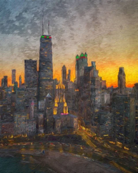 Chicago ABD şehir merkezi gökdelenleri ve mimarisi, Amerika şehir merkezine gidiyor, tuval veya kağıt poster için yağlı duvar resimleri çiziyor, turizm üretim tasarımı gerçek modern sanat eserleri
