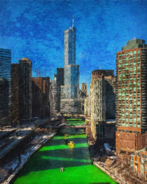 Chicago ABD şehir merkezi gökdelenleri ve mimarisi, Amerika şehir merkezine gidiyor, tuval veya kağıt poster için yağlı duvar resimleri çiziyor, turizm üretim tasarımı gerçek modern sanat eserleri